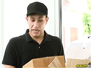 blondie jiggles her boobies riding the delivery dude